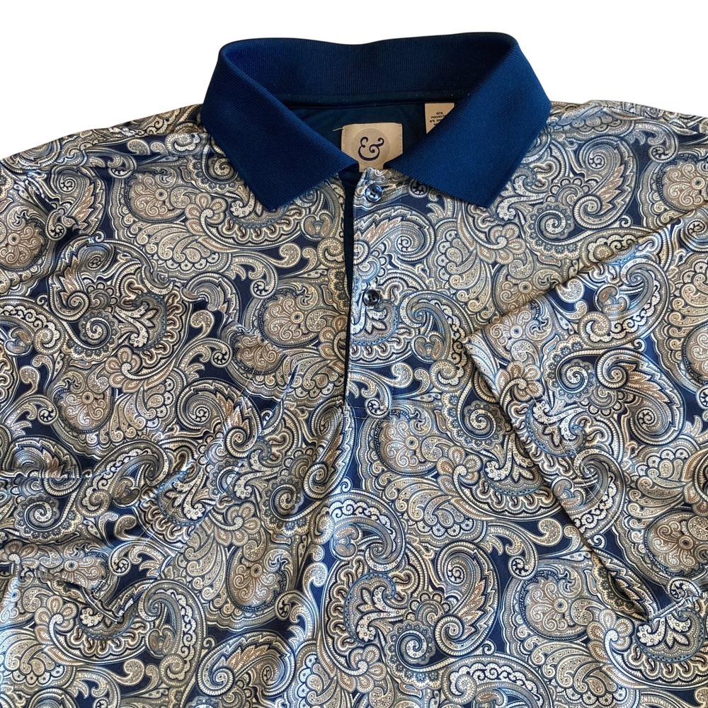 Kilburne & Finch Mens XL Paisley Polo‎ Shirt Blue Short Sleeve Stretch Golf Top